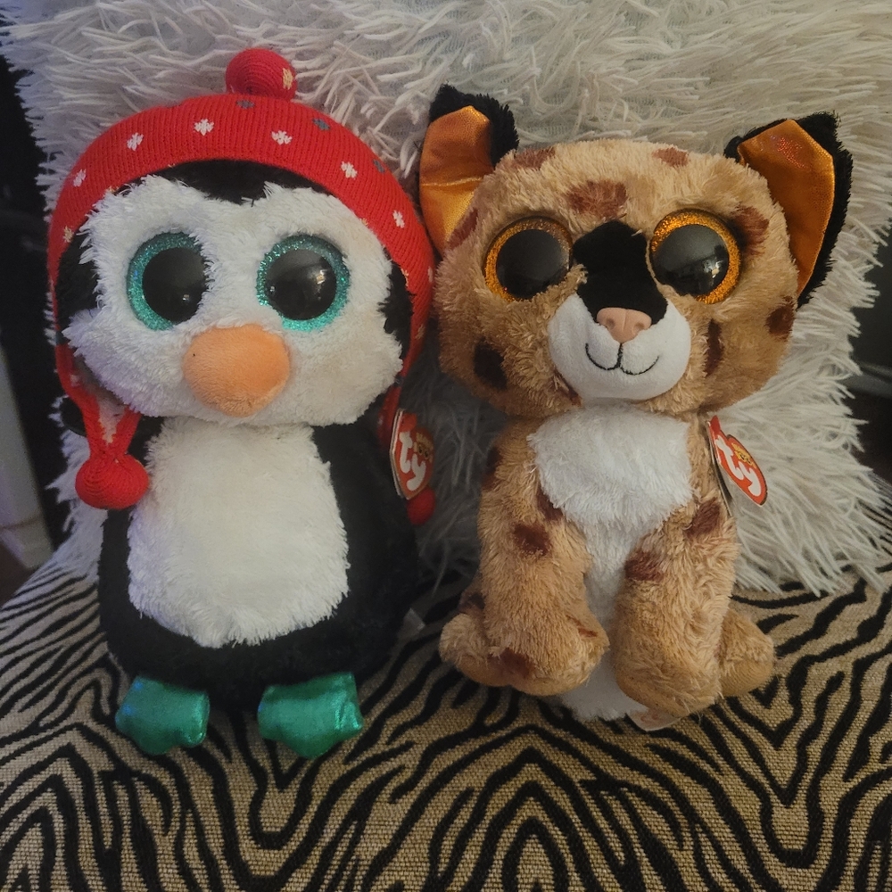 2 9" beanie boo, freeze and buckwheat,  penguin and lynx